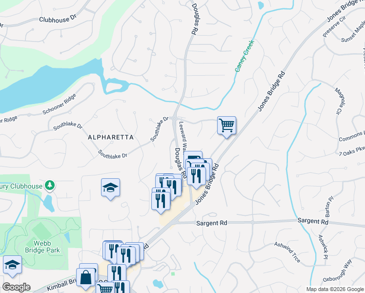 map of restaurants, bars, coffee shops, grocery stores, and more near 12050 Leeward Walk Circle in Alpharetta