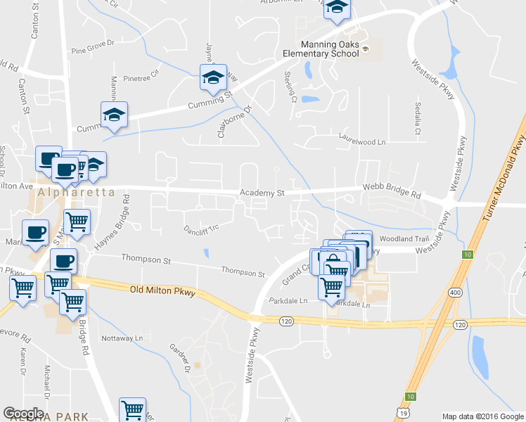 map of restaurants, bars, coffee shops, grocery stores, and more near 11920 Dancliff Trce in Alpharetta