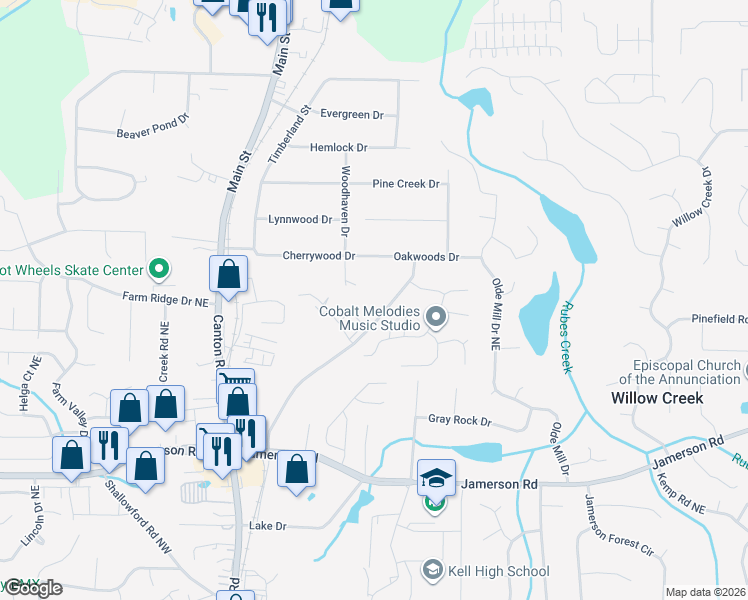 map of restaurants, bars, coffee shops, grocery stores, and more near 5025 Deen Road in Marietta