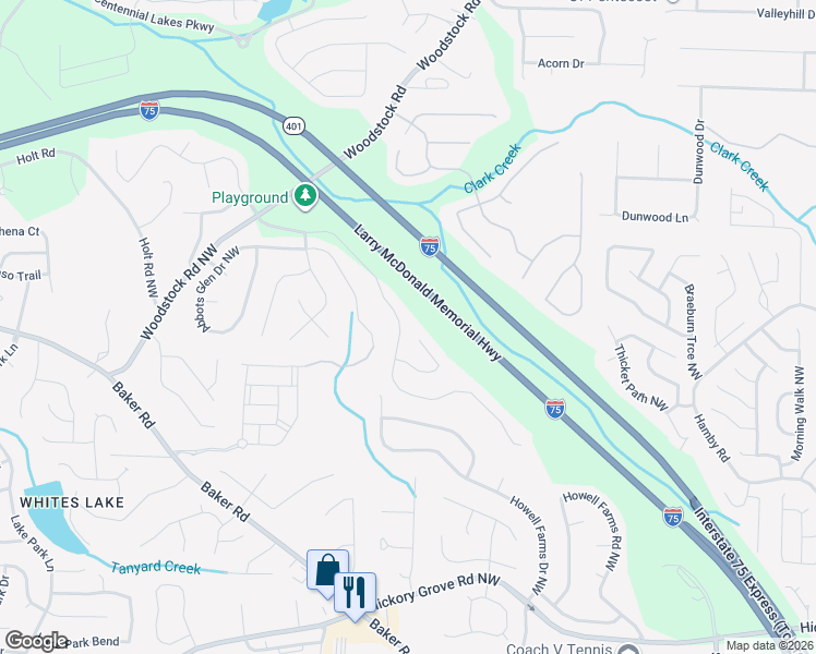 map of restaurants, bars, coffee shops, grocery stores, and more near 2434 Arbor Walk Court Northwest in Acworth
