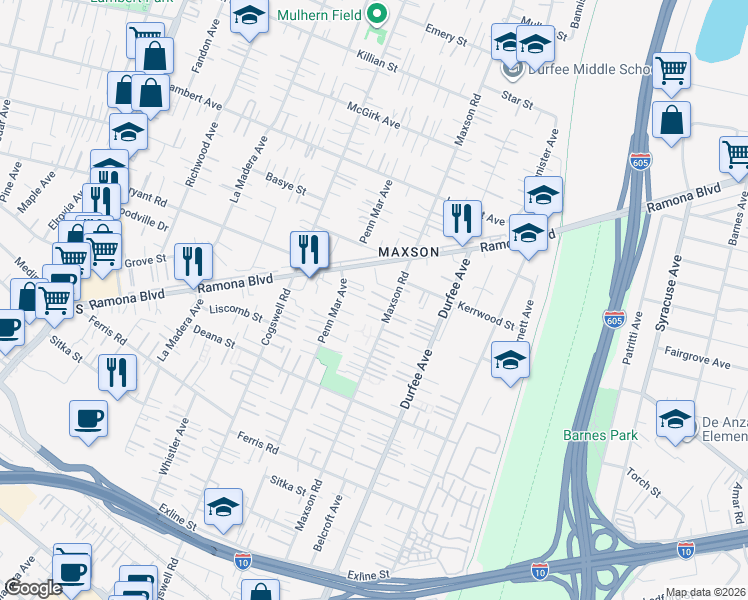 map of restaurants, bars, coffee shops, grocery stores, and more near 4025 Maxson Road in El Monte