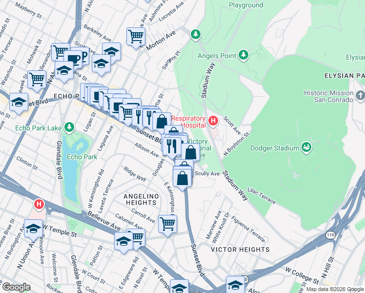 map of restaurants, bars, coffee shops, grocery stores, and more near 1323 West Lilac Terrace in Los Angeles