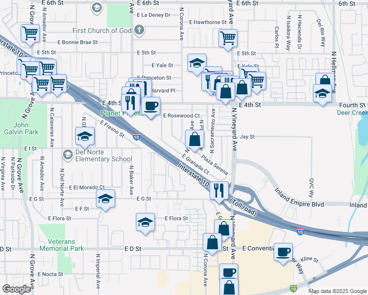 map of restaurants, bars, coffee shops, grocery stores, and more near 1756 Plaza Serena in Ontario