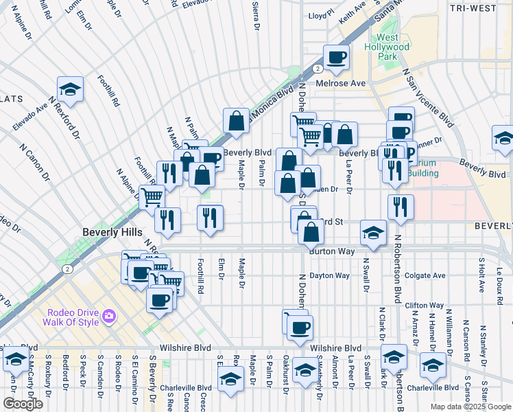 map of restaurants, bars, coffee shops, grocery stores, and more near 339 North Palm Drive in Beverly Hills