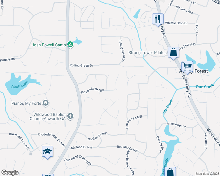 map of restaurants, bars, coffee shops, grocery stores, and more near 1187 Ridgeside Drive Northwest in Acworth