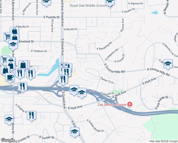 map of restaurants, bars, coffee shops, grocery stores, and more near 1117 Dawn Ridge Way in Covina