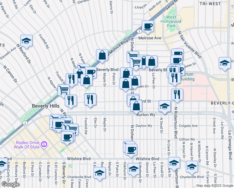 map of restaurants, bars, coffee shops, grocery stores, and more near 340 North Palm Drive in Beverly Hills