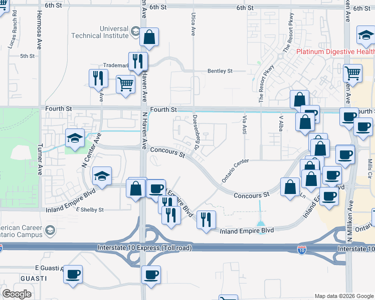map of restaurants, bars, coffee shops, grocery stores, and more near 3564 Indigo Privado in Ontario