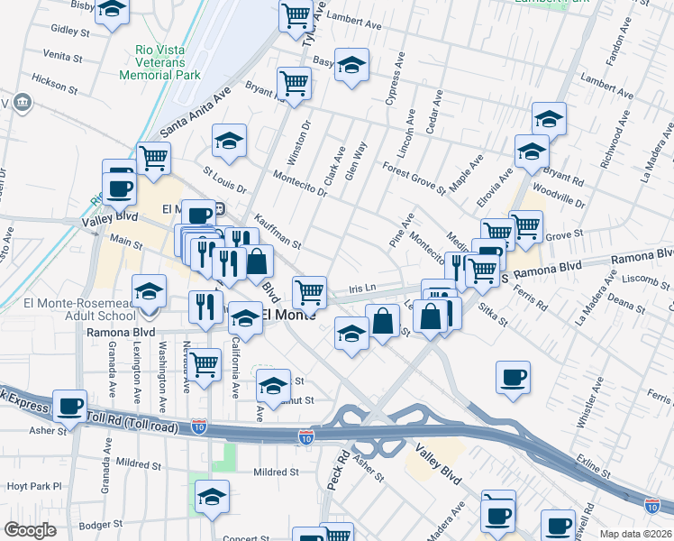 map of restaurants, bars, coffee shops, grocery stores, and more near in El Monte