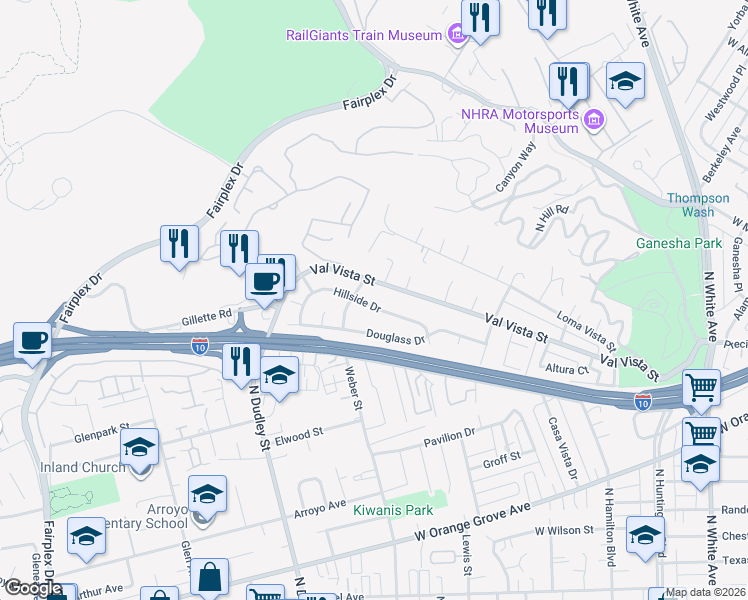map of restaurants, bars, coffee shops, grocery stores, and more near 1315 Hillside Drive in Pomona