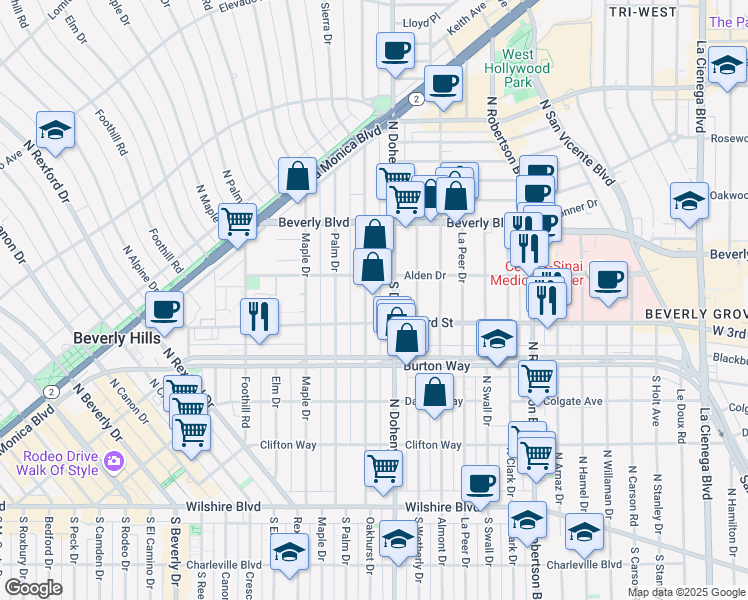 map of restaurants, bars, coffee shops, grocery stores, and more near 340 North Oakhurst Drive in Beverly Hills
