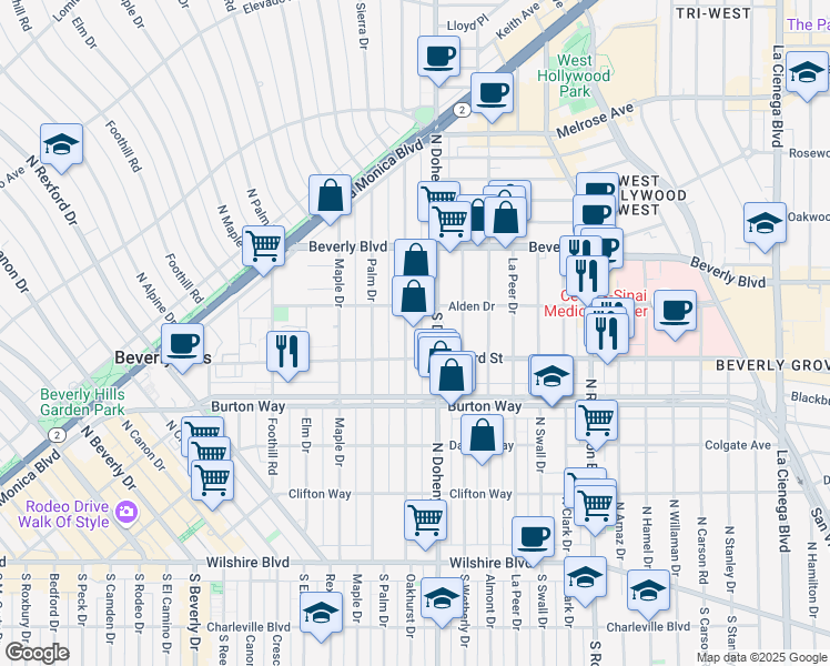 map of restaurants, bars, coffee shops, grocery stores, and more near 340 North Oakhurst Drive in Beverly Hills