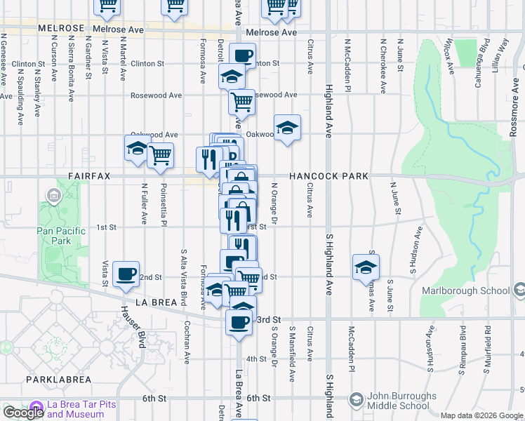 map of restaurants, bars, coffee shops, grocery stores, and more near 114 1/2 North Sycamore Avenue in Los Angeles