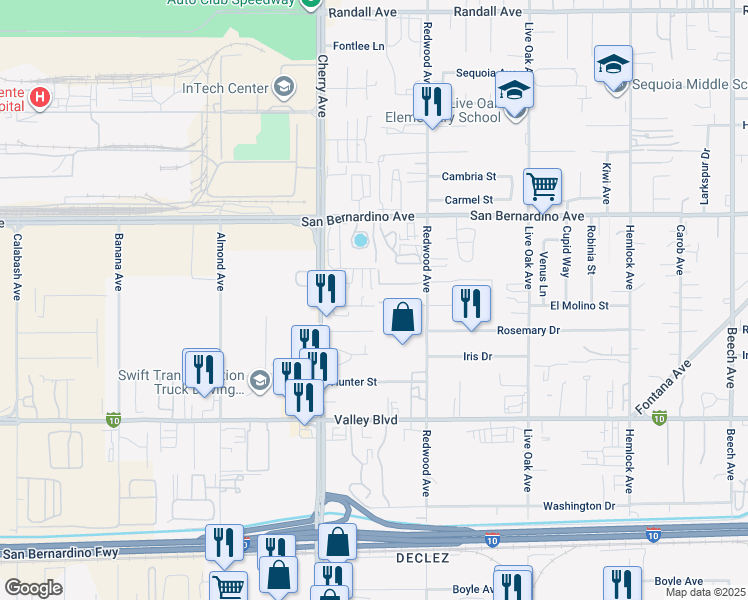 map of restaurants, bars, coffee shops, grocery stores, and more near 14582 El Molino Street in Fontana