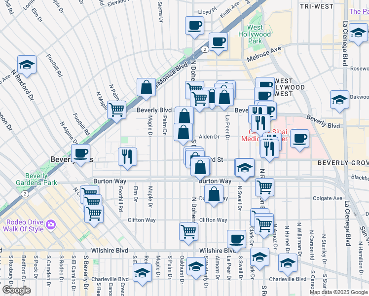 map of restaurants, bars, coffee shops, grocery stores, and more near 340 North Oakhurst Drive in Beverly Hills