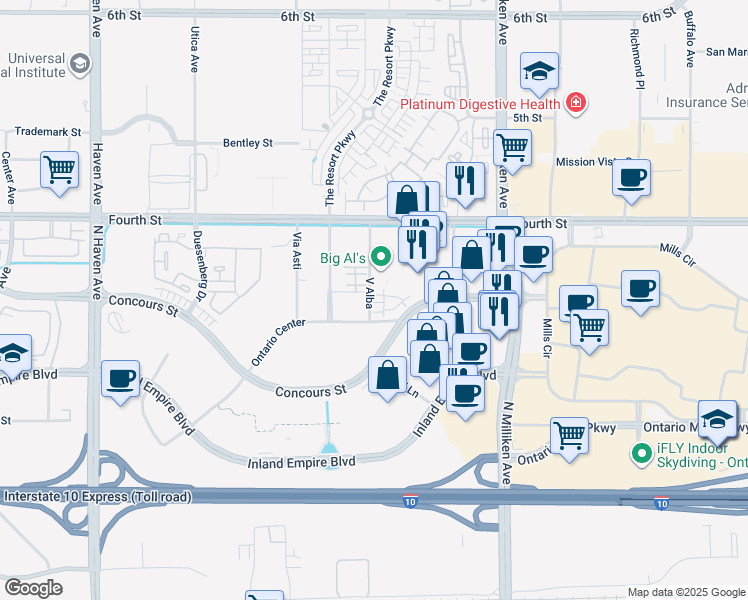 map of restaurants, bars, coffee shops, grocery stores, and more near 1000 North Tangent Privado in Ontario