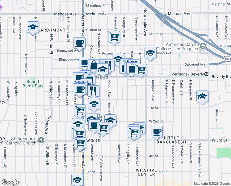 map of restaurants, bars, coffee shops, grocery stores, and more near 123 North Harvard Boulevard in Los Angeles