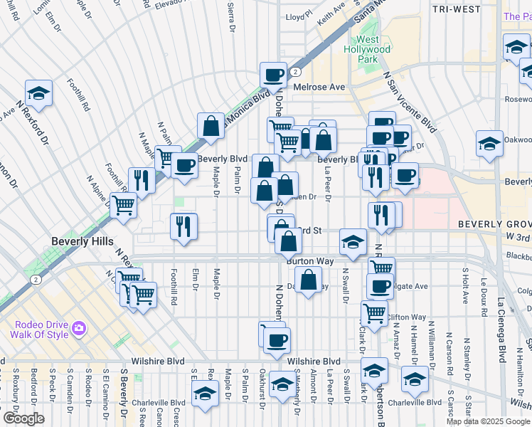 map of restaurants, bars, coffee shops, grocery stores, and more near 336 North Oakhurst Drive in Beverly Hills