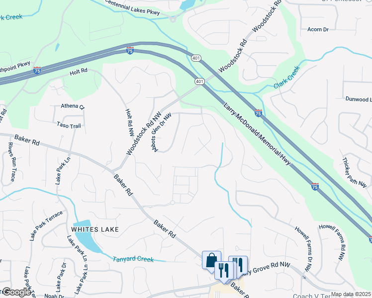 map of restaurants, bars, coffee shops, grocery stores, and more near 4956 Abbotts Glen Trail Northwest in Acworth
