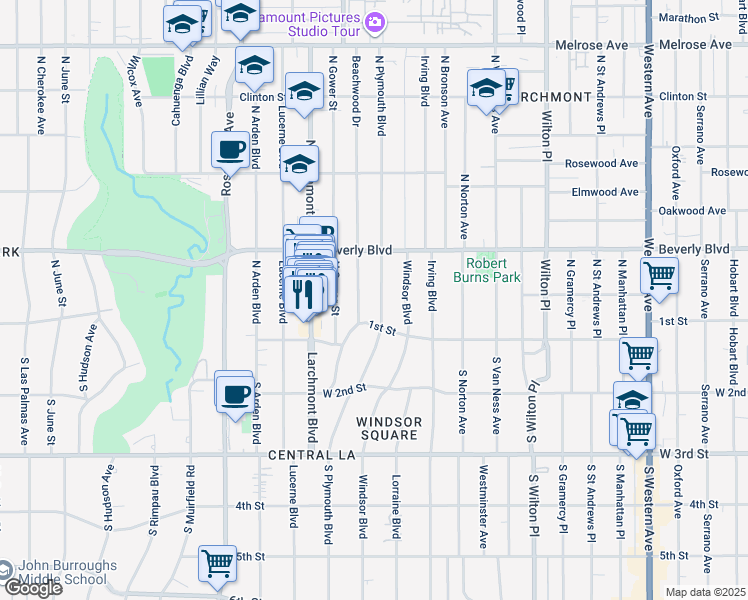 map of restaurants, bars, coffee shops, grocery stores, and more near 141 North Plymouth Boulevard in Los Angeles