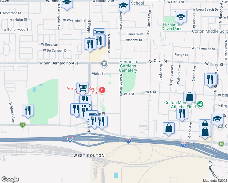 map of restaurants, bars, coffee shops, grocery stores, and more near C Street in Colton