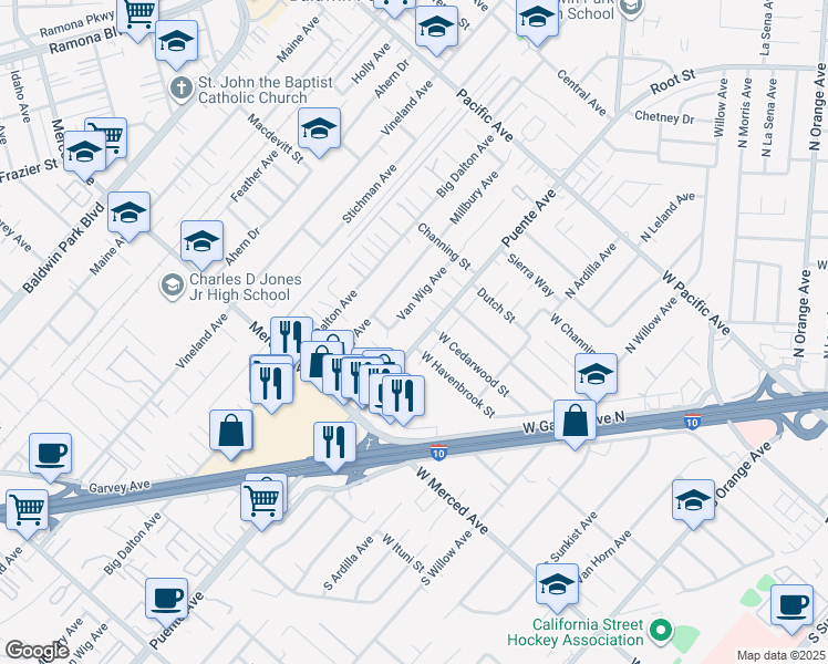 map of restaurants, bars, coffee shops, grocery stores, and more near 3239 Puente Avenue in Baldwin Park