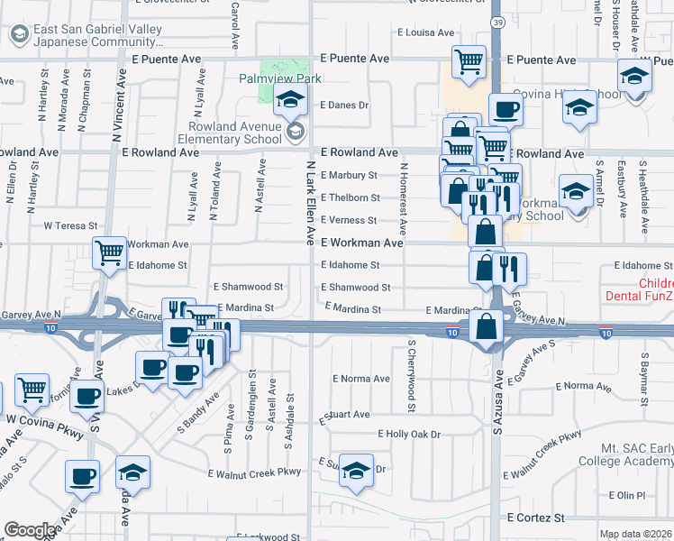 map of restaurants, bars, coffee shops, grocery stores, and more near 1422 East Idahome Street in West Covina