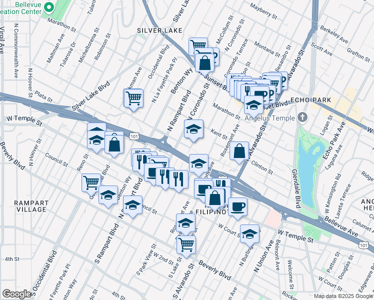 map of restaurants, bars, coffee shops, grocery stores, and more near 2416 Bellevue Avenue in Los Angeles