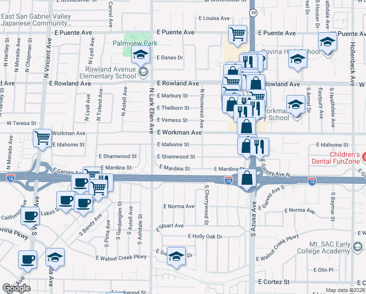 map of restaurants, bars, coffee shops, grocery stores, and more near 1510 East Idahome Street in West Covina