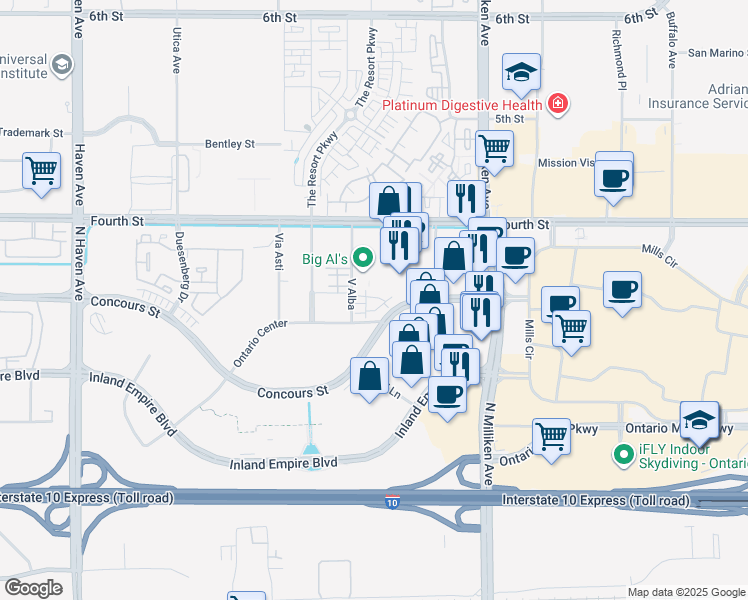 map of restaurants, bars, coffee shops, grocery stores, and more near 960 North Tangent Privado in Ontario