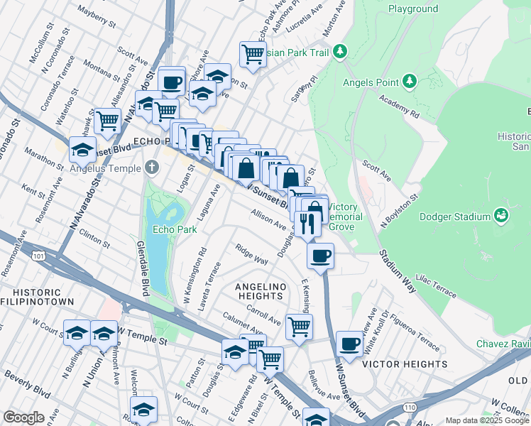 map of restaurants, bars, coffee shops, grocery stores, and more near 1457 Allison Avenue in Los Angeles