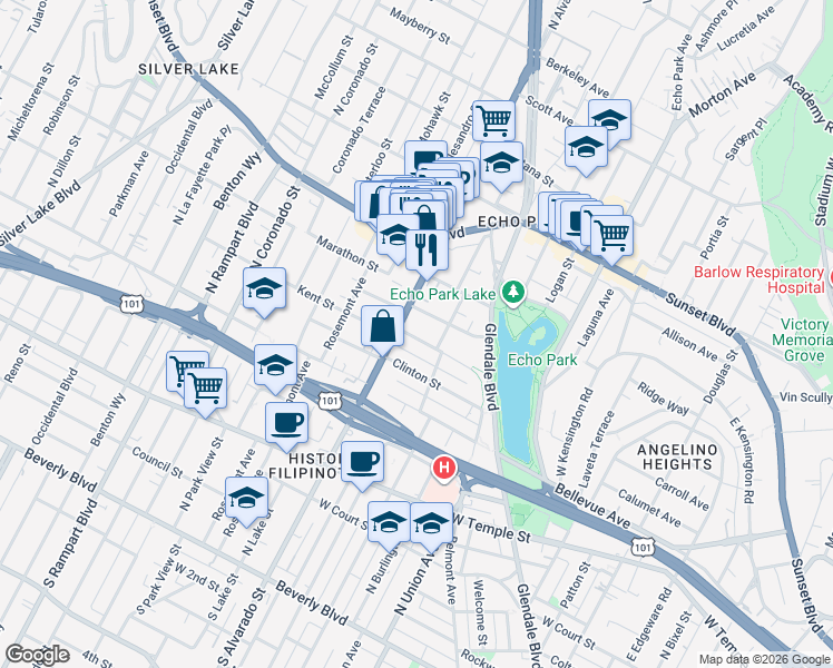map of restaurants, bars, coffee shops, grocery stores, and more near 1933 Kent Street in Los Angeles