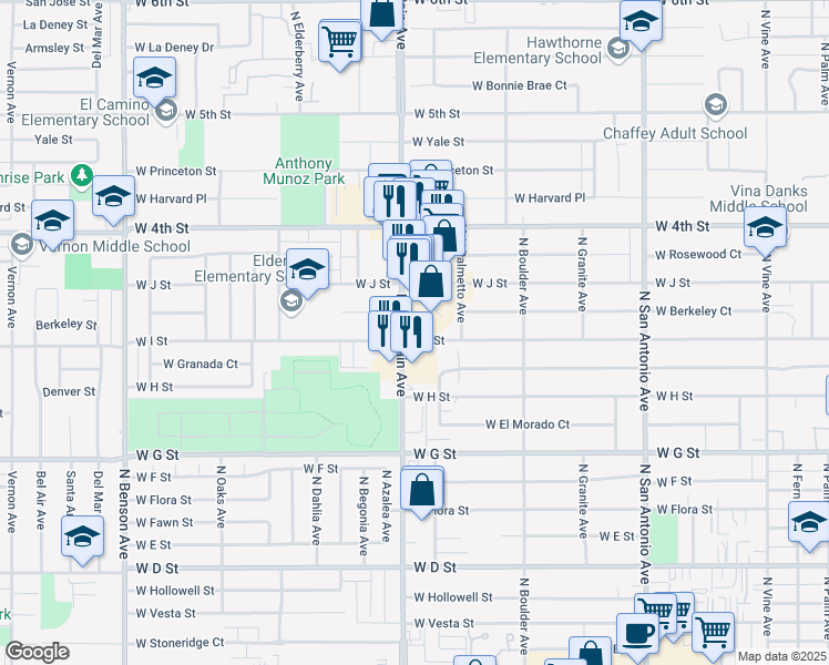 map of restaurants, bars, coffee shops, grocery stores, and more near 910 North Mountain Avenue in Ontario