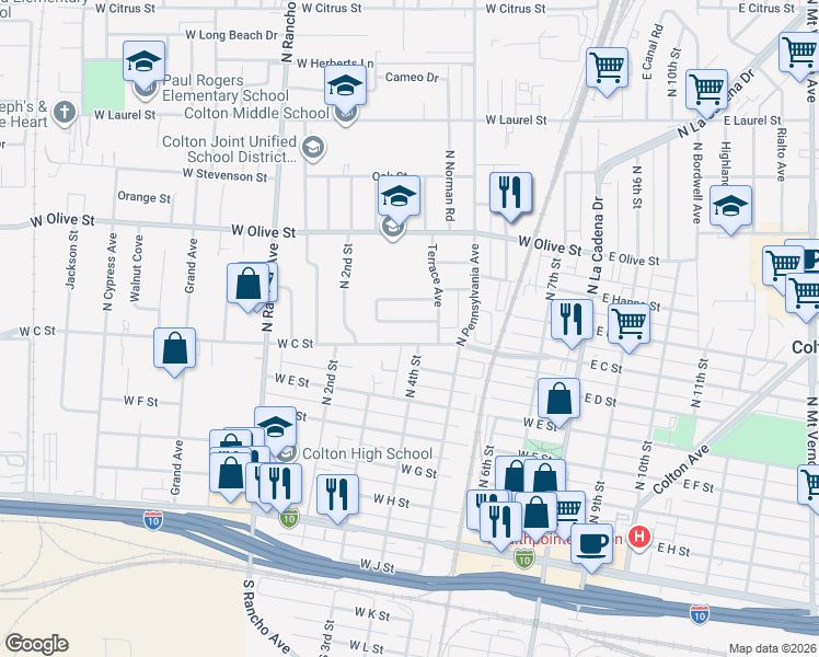 map of restaurants, bars, coffee shops, grocery stores, and more near 510 West Archibald Court in Colton