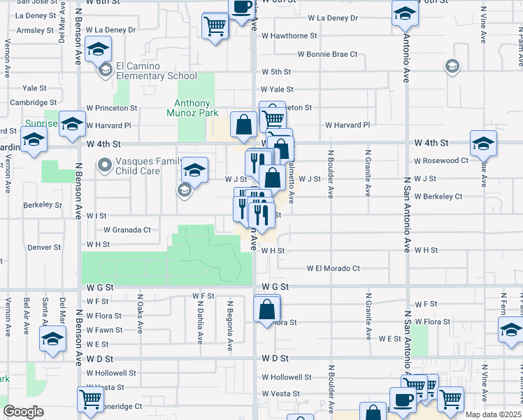 map of restaurants, bars, coffee shops, grocery stores, and more near 910 North Mountain Avenue in Ontario