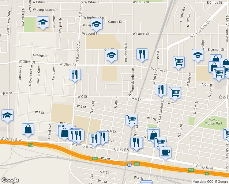 map of restaurants, bars, coffee shops, grocery stores, and more near 510 West Archibald Court in Colton