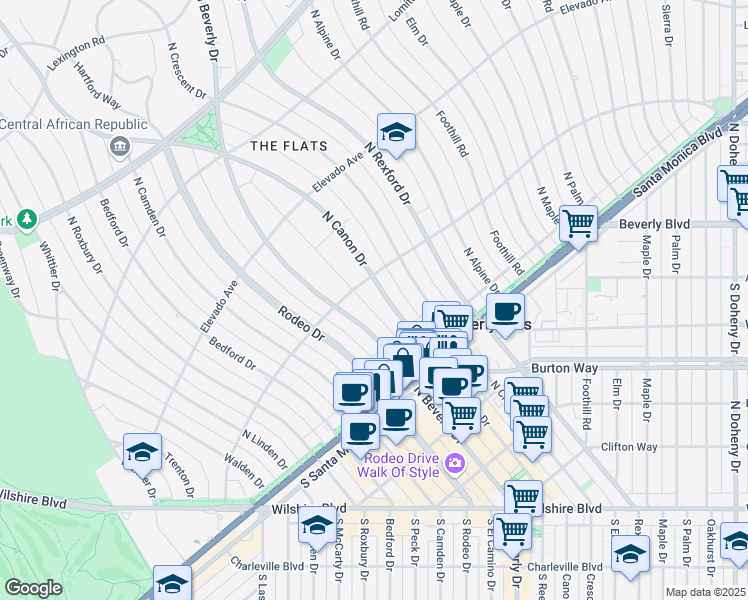 map of restaurants, bars, coffee shops, grocery stores, and more near 521 North Canon Drive in Beverly Hills
