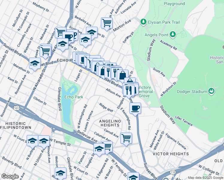 map of restaurants, bars, coffee shops, grocery stores, and more near 1457 Allison Avenue in Los Angeles