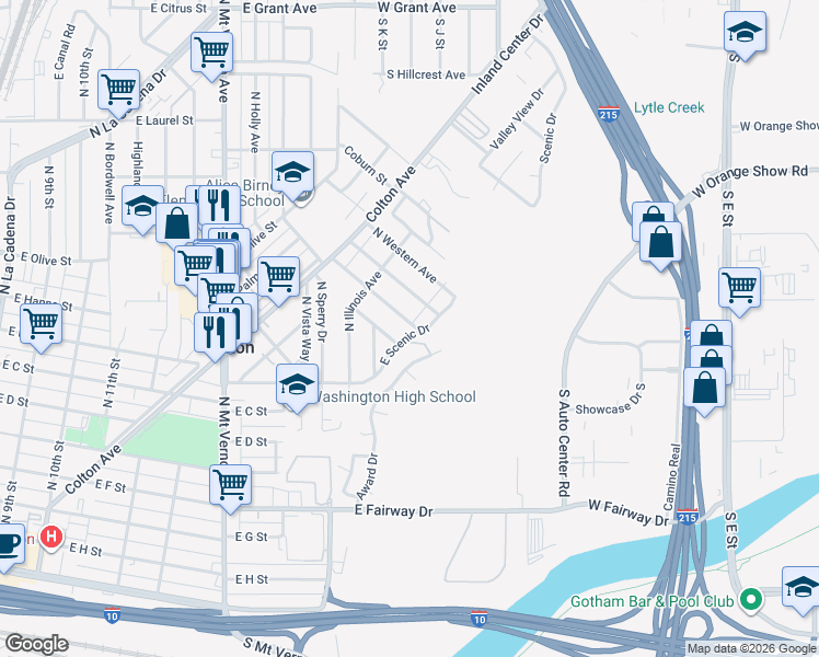 map of restaurants, bars, coffee shops, grocery stores, and more near 1067 Award Drive in Colton