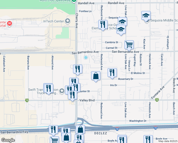 map of restaurants, bars, coffee shops, grocery stores, and more near 14582 El Molino Street in Fontana