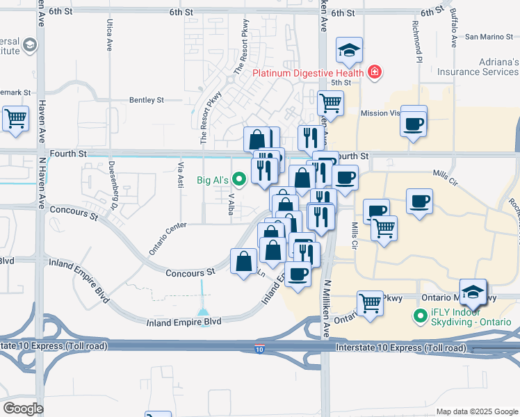 map of restaurants, bars, coffee shops, grocery stores, and more near 4152 Concours Street in Ontario