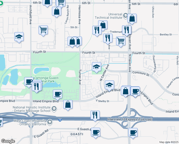 map of restaurants, bars, coffee shops, grocery stores, and more near 956 Hermosa Avenue in Ontario