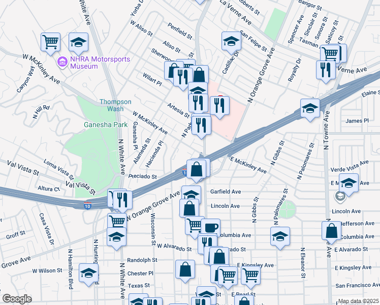 map of restaurants, bars, coffee shops, grocery stores, and more near 158 West McKinley Avenue in Pomona