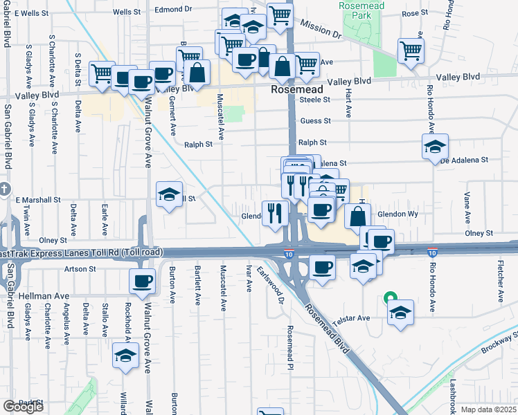 map of restaurants, bars, coffee shops, grocery stores, and more near 8843 Glendon Way in Rosemead