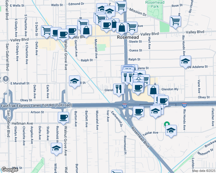 map of restaurants, bars, coffee shops, grocery stores, and more near 8843 Glendon Way in Rosemead