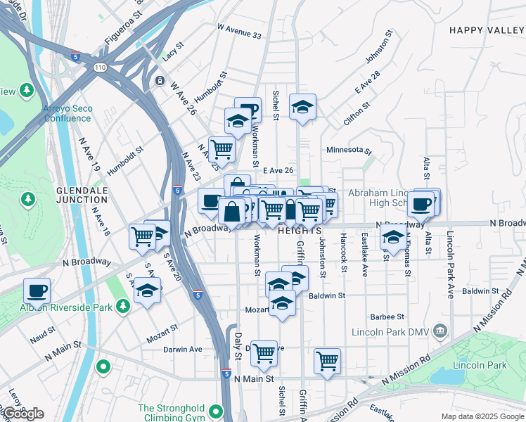 map of restaurants, bars, coffee shops, grocery stores, and more near 2725 North Broadway in Los Angeles