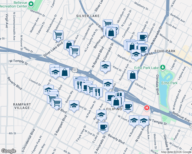 map of restaurants, bars, coffee shops, grocery stores, and more near 440 North Coronado Street in Los Angeles