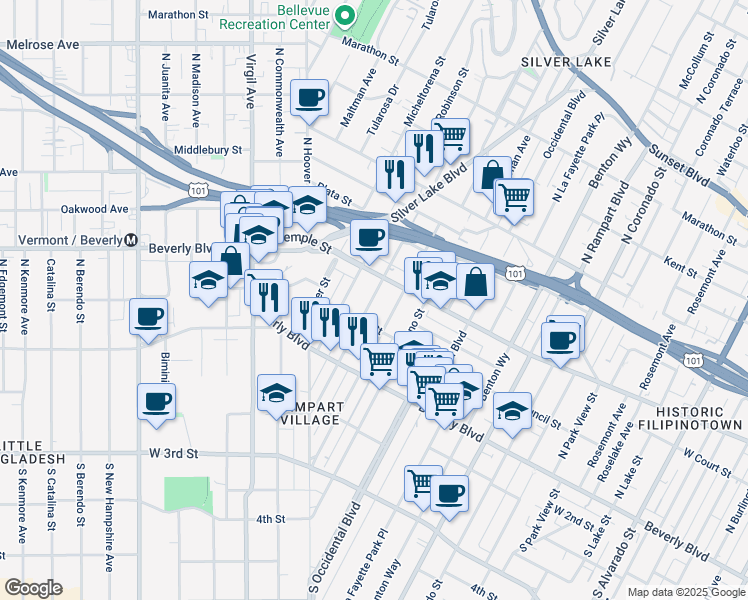 map of restaurants, bars, coffee shops, grocery stores, and more near 223 North Vendome Street in Los Angeles
