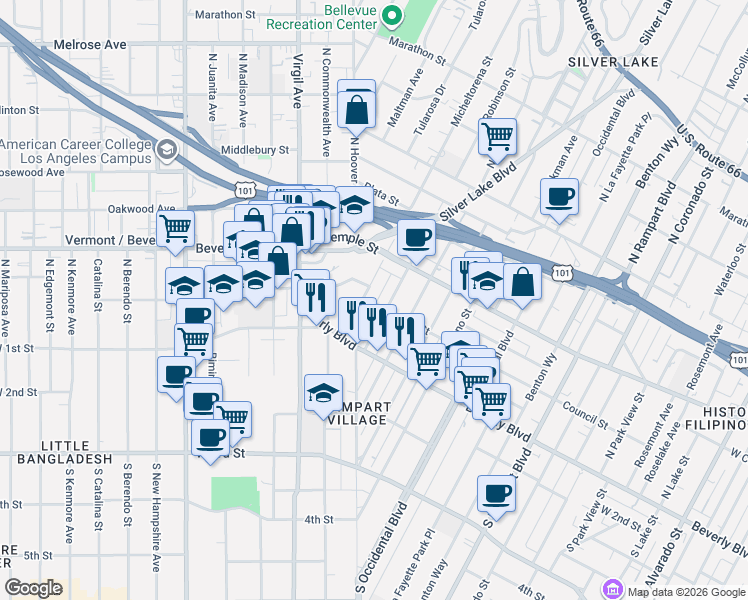 map of restaurants, bars, coffee shops, grocery stores, and more near 140 North Hoover Street in Los Angeles