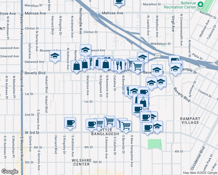 map of restaurants, bars, coffee shops, grocery stores, and more near 139 North Catalina Street in Los Angeles